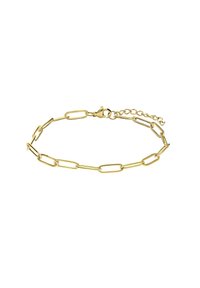 Gouden kettingarmband met verlengde ovale schakels, voorzien van een karabijnsluiting en een verstelbare ketting voor maatflexibiliteit.