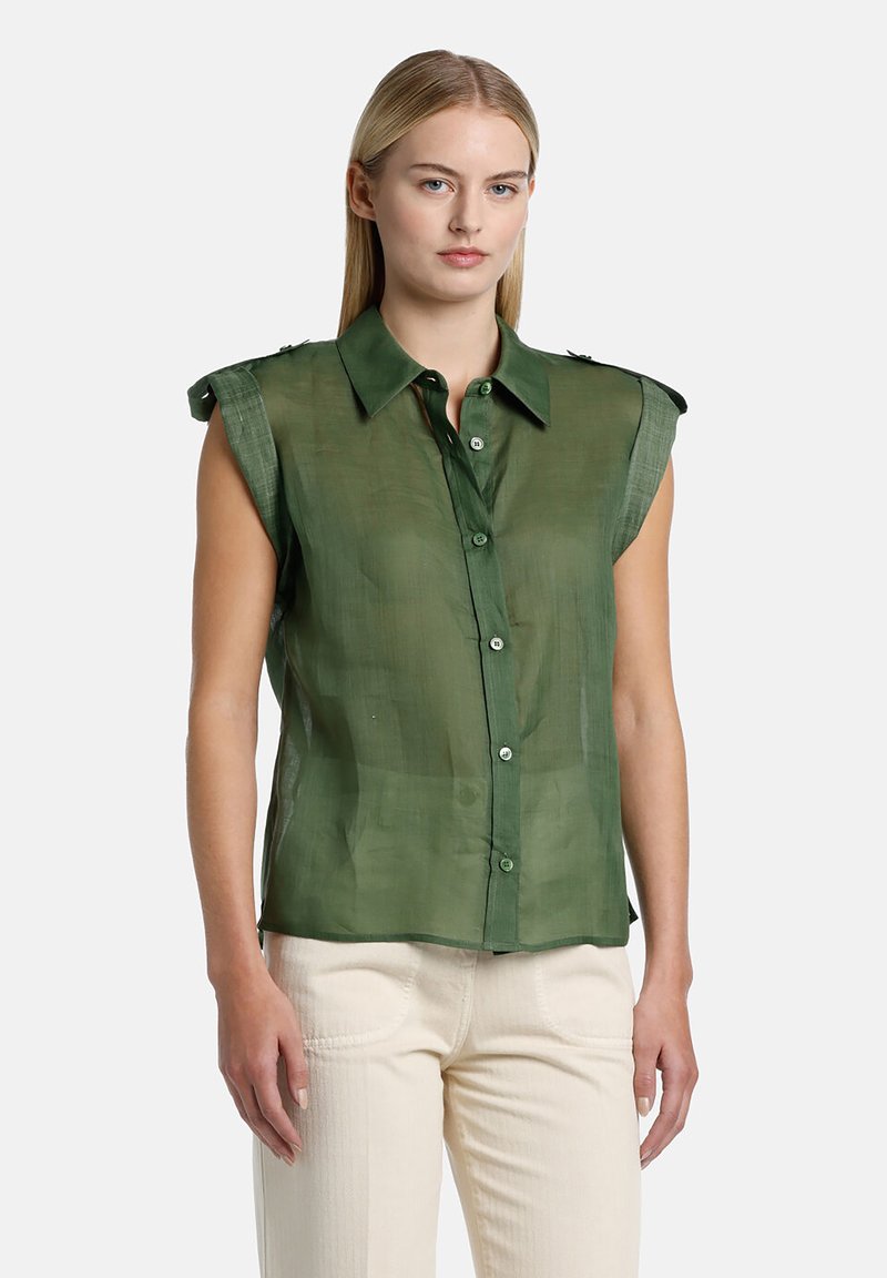 Sheer green sleeveless blouse with a collar, front buttons, and rolled-up shoulder accents. Fabric appears lightweight and slightly textured.