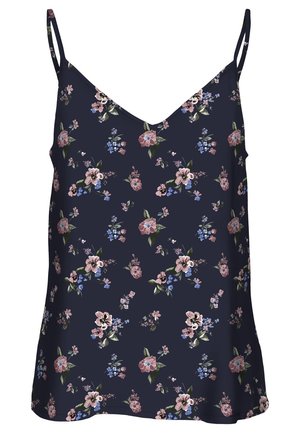 Damärmlös topp i mjukt tyg, med en mörk marin bakgrund och ett blommönster i rosa och blå nyanser. V-ringad design.