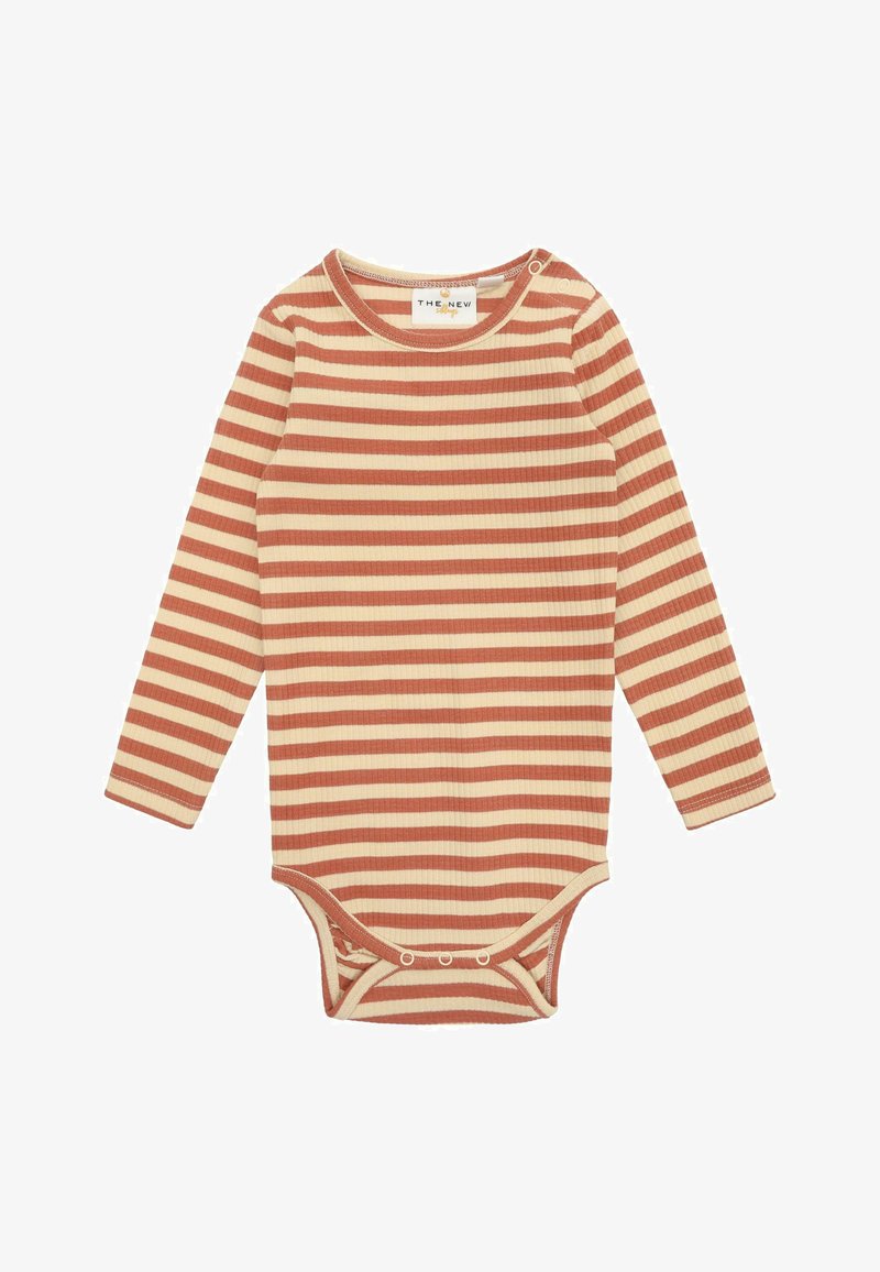 Bodysuit z dolgimi rokavi, izdelan iz rebraste tkanine, z rjavimi in kremnimi horizontalnimi črtami, okroglim izrezom in gumbnimi zapiralnimi elementi na dnu.