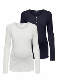 Zwei langärmlige, gerippte Oberteile in Weiß und Marineblau mit einem runden Ausschnitt, Knopfdetails und einem fransigen Saum. Aus weichem, elastischem Stoff.