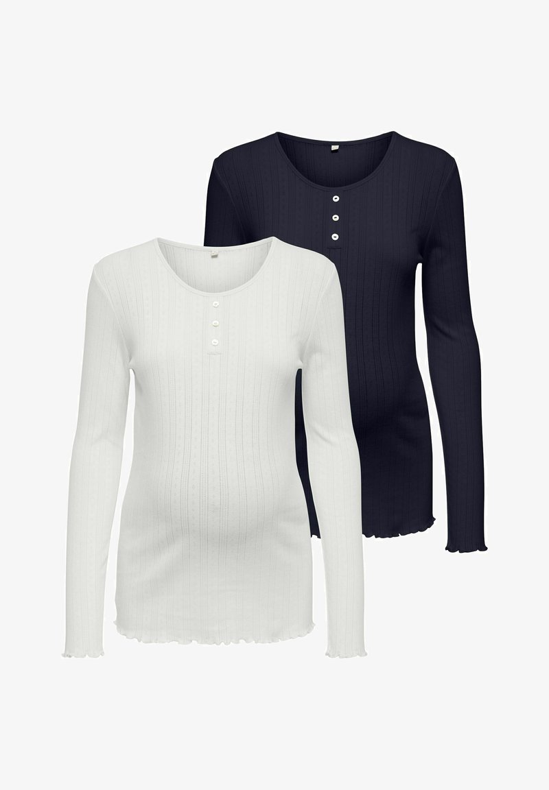 Zwei langärmlige, gerippte Oberteile in Weiß und Marineblau mit einem runden Ausschnitt, Knopfdetails und einem fransigen Saum. Aus weichem, elastischem Stoff.