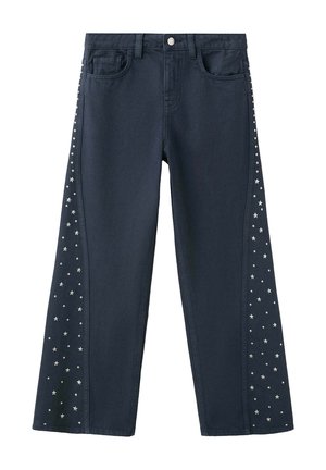 Jean bleu foncé à jambes larges avec de petits clous étoiles argentés dispersés le long des côtés extérieurs, de la taille à l’ourlet.