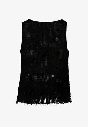 Zwarte gebreide mouwloze top met een open weefpatroon en een franjerand. De textuur is zacht en zorgt voor ademend vermogen.