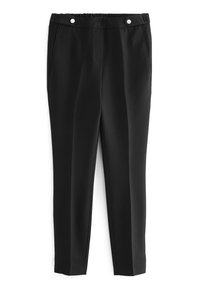 Pantalon noir en tissu lisse, coupe ajustée, avec deux poches avant et deux accents décoratifs en boutons argentés au niveau de la taille.