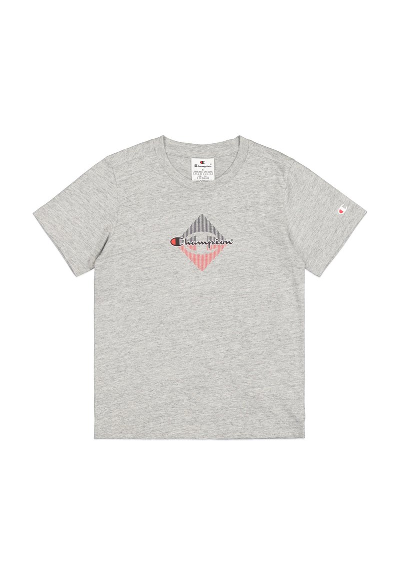 Camiseta gris de manga corta hecha de algodón con cuello redondo, que presenta un gráfico geométrico en negro, rojo y blanco en la parte frontal.