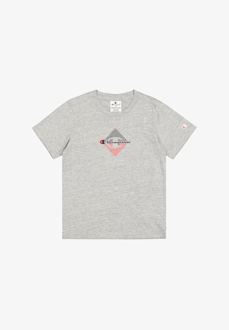Camiseta gris de manga corta hecha de algodón con cuello redondo, que presenta un gráfico geométrico en negro, rojo y blanco en la parte frontal.