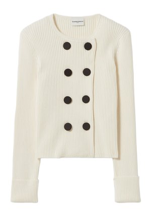 Cardigan bianco a coste, corto, con scollatura tonda, sei bottoni neri sul davanti e polsini aderenti. Texture morbida.