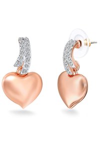 Rose guld hjärtformade örhängen med en glittrande silverdetalj, med en jämn yta och en stift-bakdel.