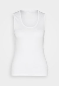 White sleeveless tank top with scoop neckline, fitted silhouette, displayed on plain white background.