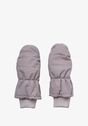 Šedé vycpané palčáky s nařasenými manžetami a žebrovanými zápěstími. Hladký povrch, zaoblený tvar, navržené pro teplo a pohodlí.