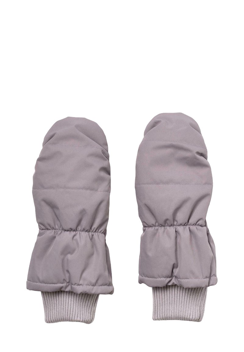 Muffole grigie imbottite con polsini arricciati e polsini a coste. Texture liscia, forma arrotondata, progettate per calore e comfort.