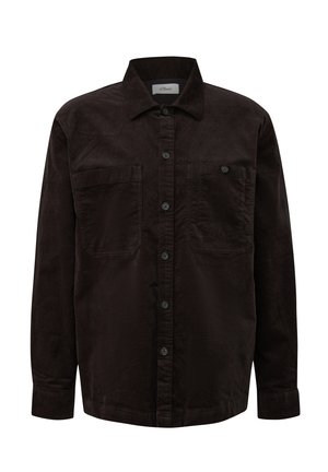 Dunkelbraunes Cordhemd mit Kragen, durchgehender Knopfleiste, zwei Brusttaschen und langen Ärmeln. Strukturierter Stoff mit weicher Oberfläche.