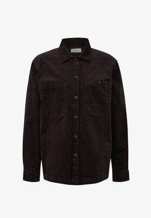 Chemise en velours côtelé brun foncé avec col, devant boutonné, deux poches poitrine et manches longues. Tissu texturé avec une finition douce.