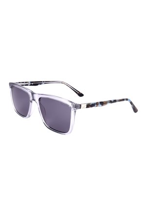 Occhiali da sole con montatura trasparente chiara, lenti rettangolari scure e aste con motivo blu-nero.