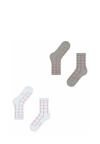 Grau-weiße Socken mit einem Muster in Form eines Gitters in leuchtendem Pink. Hergestellt aus weichem, strukturiertem Stoff mit einem bequemen Sitz.