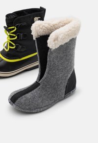 Bota de invierno gris con acentos negros y un forro de piel blanca. Bota de nieve negra con cordones amarillos y una superficie brillante. Ambas tienen texturas contrastantes.