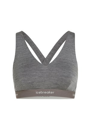 Gray sports bra with a soft, textured fabric. Features a crossover strap design and a simple elastic band with "icebreaker" branding.