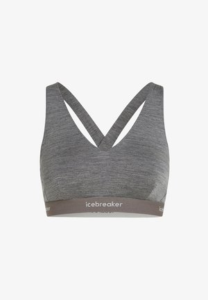 Grauer Sport-BH aus einem weichen, strukturierten Stoff. Verfügt über ein Überkreuz-Trägerdesign und einen schlichten elastischen Bund mit "icebreaker"-Markierung.