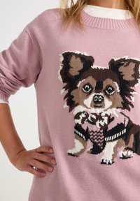 Ljusrosa tröja med en mysig textur som har ett stickat motiv av en Chihuahua i kläder. Ribbad halsringning och åtsittande ärmar.