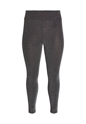 Čiernobiele legíny s lomeným vzorom, stredne vysoký pás, elastický materiál, priliehavý strih, hladká textúra, bez viditeľných doplnkov alebo akcentov.