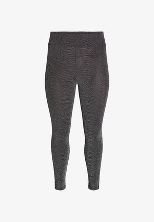 Melnbaltas houndstooth legingi, vidus jostas augstums, elastīgs audums, pieguļošs dizains, gluda tekstūra, bez redzamām detaļām vai akcentiem.