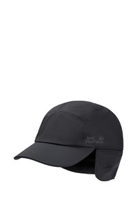 Cappellino nero realizzato in materiale resistente all'acqua, con visiera curva, alette regolabili e logo discreto sul lato.