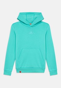 Türkise Kapuzenjacke mit langen Ärmeln, vorderer Kängurutasche, dezentem Logo auf der Brust und kleinem roten Etikett am unteren Saum.