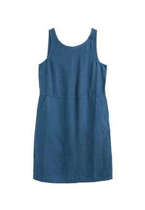 Rochie albastră din denim, fără mâneci, până la genunchi, cu decolteu rotund, buzunare laterale și doi nasturi pe breteaua stângă a umărului.