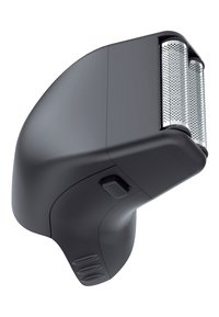 Elektrisk barbermaskine med et buet sort plastiklegeme, sølvfarvede nettrimmehoved og en side-trykknap. Tekstureret greb placeret på håndtaget.