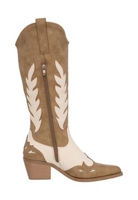 Brązowe i kremowe kowbojskie buty z zamkiem błyskawicznym, ozdobione wzorami liści, z wąskim noskiem i z wysoką podeszwa.