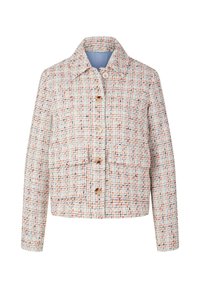 Veste en tweed tissée blanche, avec des accents orange et bleu, un col, des boutons à l'avant et deux poches, dotée d'une doublure intérieure lisse.