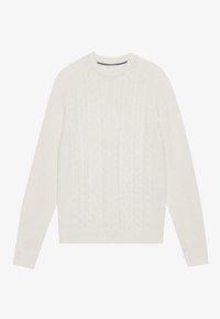 Pulover de culoare crem, tricotat cu model cu torsade, cu guler rotund, mâneci lungi și manșete și tiv rib. Modelul texturat adaugă interes vizual.