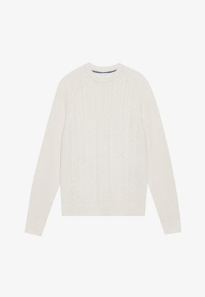Cream-colored cable-knit sweater with a round neckline, long sleeves, and ribbed cuffs and hem. Textured pattern adds visual interest.