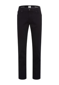 Pantalones de mezclilla negra con un diseño de pierna recta, que cuentan con cierre de botón, cinco bolsillos y una textura suave. Sin patrones o adornos visibles.