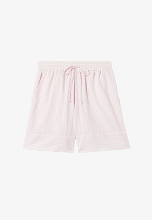 Shorts rosa chiaro con coulisse, caratterizzati da sottili righe verticali e orlo largo, realizzati in tessuto leggero.