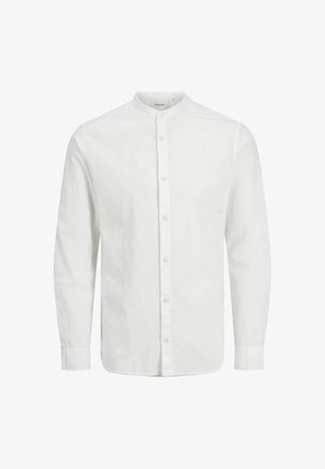 Weißes Langarmhemd mit Stehkragen, Knopfverschluss, aus einem strukturierten Stoff, mit geradem Schnitt und minimalistischem Design.