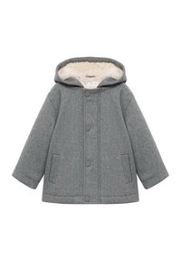 Gray wool blend coat with a furry hood lining, snap buttons, and two side pockets. Features loose-fitting sleeves and a straight cut.