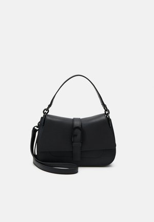 Black leather handbag with a structured shape, top handle, and detachable shoulder strap. Features a buckle closure and smooth texture.
