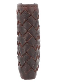 Brown woven leather holder featuring a smooth texture, sleek shape, and intricate braided pattern. Vertical design with rounded edges.