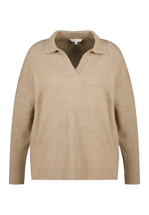 Beige gebreide trui met een V-hals en kraagontwerp. Heeft lange mouwen en geribde manchetten. Zacht textuur met een ontspannen pasvorm.