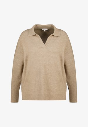 Beige gebreide trui met een V-hals en kraagontwerp. Heeft lange mouwen en geribde manchetten. Zacht textuur met een ontspannen pasvorm.