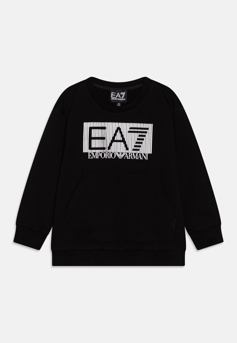 Sweat-shirt noir à manches longues avec logo EA7 Emporio Armani blanc et poche frontale kangourou, taille 44 indiquée à l'intérieur du col.