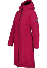Lange, puffige pinke Jacke mit Kapuze, mit einem Reißverschluss vorne, elastischen Bündchen und einem Logo-Patch am linken Ärmel. Strukturiertes Steppmuster.
