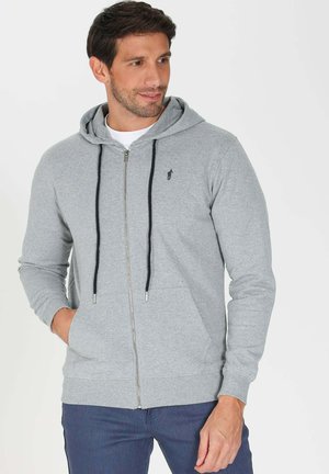 Haut à zip gris en mélange de coton, avec une poche avant, des cordons de serrage ajustables et un petit logo brodé sur la poitrine.