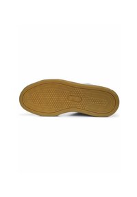 Semelle de chaussure en caoutchouc avec un motif texturé en forme de nid d'abeilles, comprenant un logo. Couleur marron avec un bord légèrement relevé et une surface lisse.