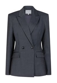 Donkergrijs op maat gemaakt colbert met een dubbelzijdige voorkant, juist gesneden revers, twee voorzakken en twee knopen voor sluiting. Glad stoffen textuur.