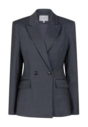 Donkergrijs op maat gemaakt colbert met een dubbelzijdige voorkant, juist gesneden revers, twee voorzakken en twee knopen voor sluiting. Glad stoffen textuur.