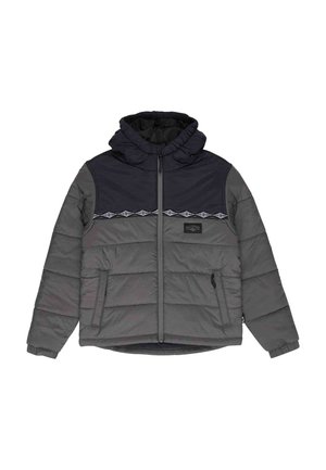 Gesteppte Jacke mit grauem Körper, schwarzer oberer Brustpartie, Frontreißverschluss, zwei Seitentaschen, elastischen Bündchen und angesetzter Kapuze mit einem gemusterten Streifen quer über die Brust.