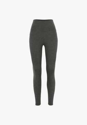 Hoch taillierte Leggings aus dunkelgrauem Stoff, mit glatter Textur und figurbetontem Design, geeignet für sportliche Aktivitäten und den Freizeitgebrauch.